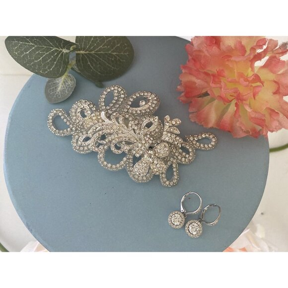 Vtg Bridal Hair Piece Brooch and Earring Set Silver Filigree Rhinestones‎ 4.5\